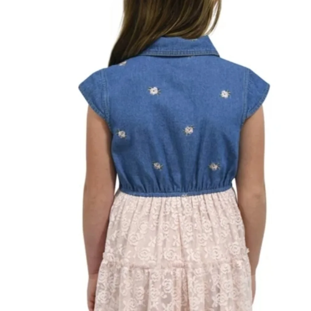 Zunie Blue Denim and Pink Lace Kids Dress - Picture 2 of 5